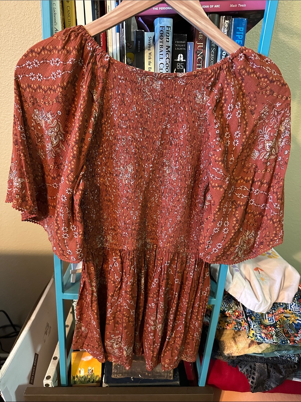 Hem & Thread Rust Paisley Smocked V-Neck Blouse - Picture 8 of 10